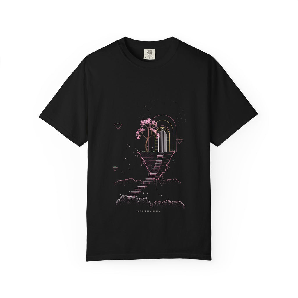 The Hidden Realm graphic tee in Black, original art by AuraCanvas
