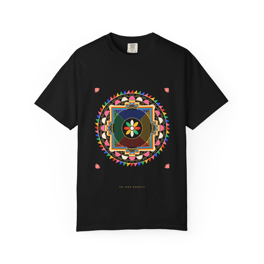 The Sand Mandala graphic tee in Black, original art by AuraCanvas