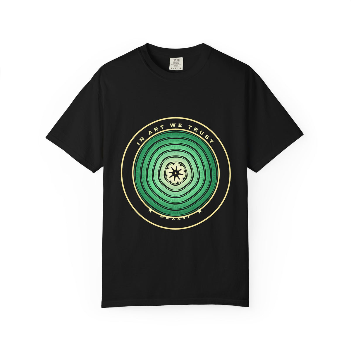 In Art We Trust graphic tee in Black, original art by AuraCanvas