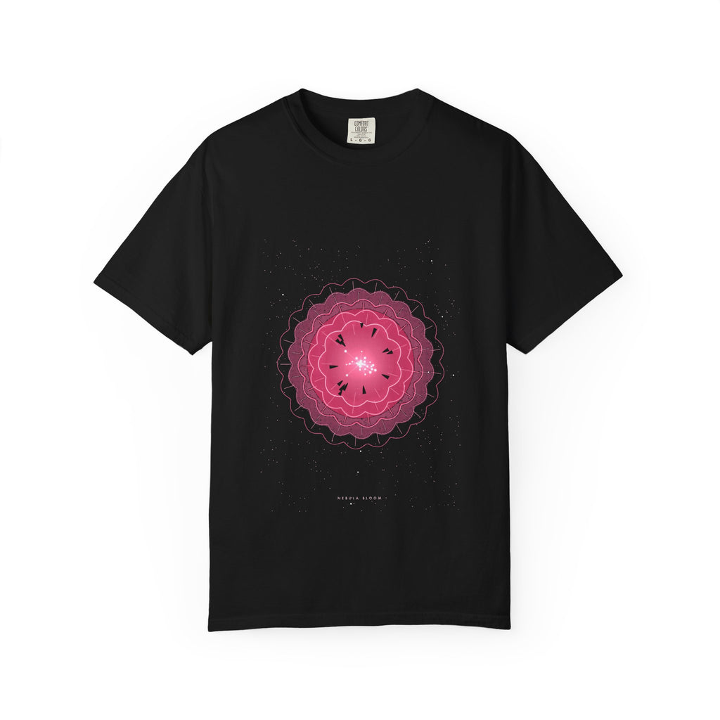 Nebula Bloom graphic tee in Black, original art by AuraCanvas