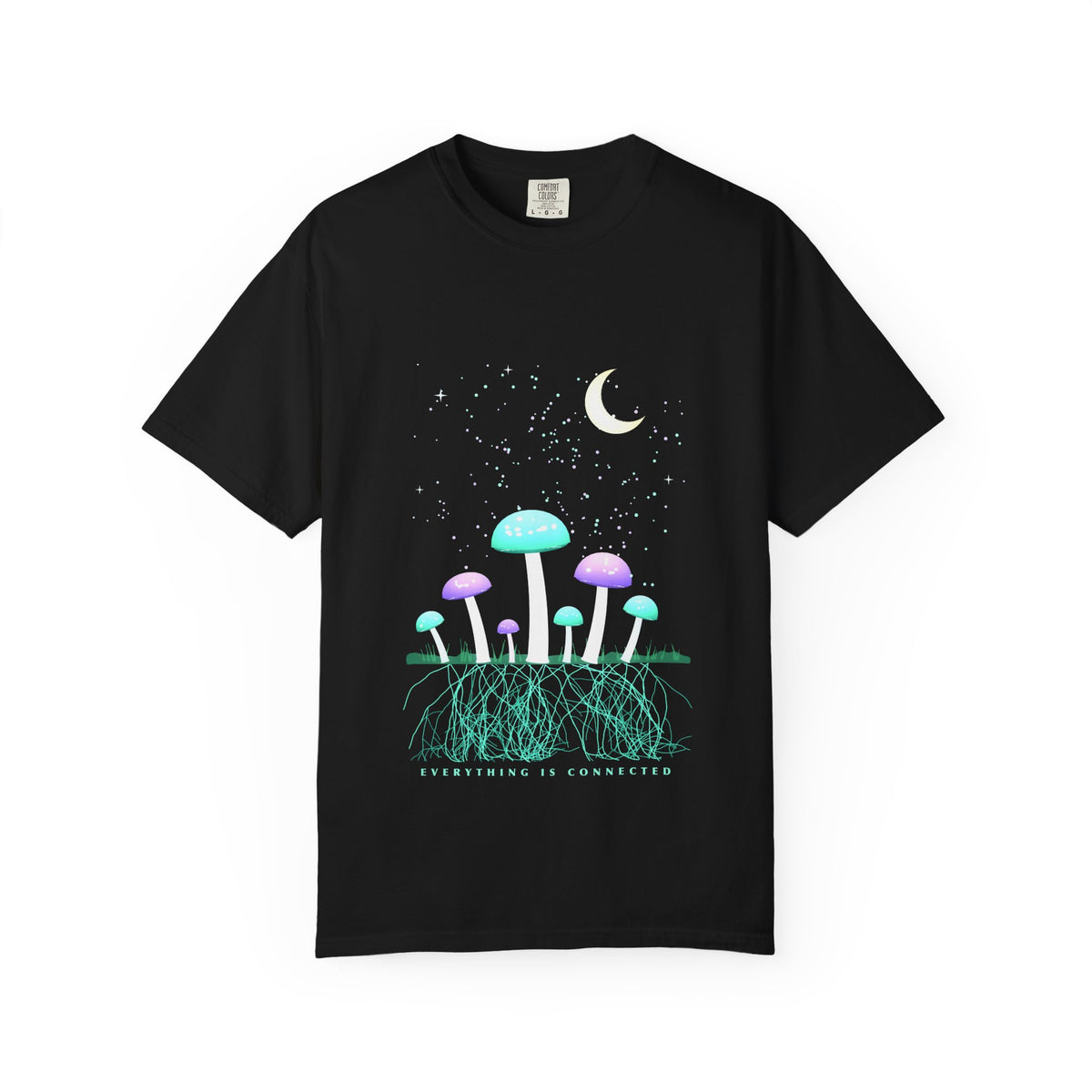 Moonlit Mycelium graphic tee in Black, original art by AuraCanvas