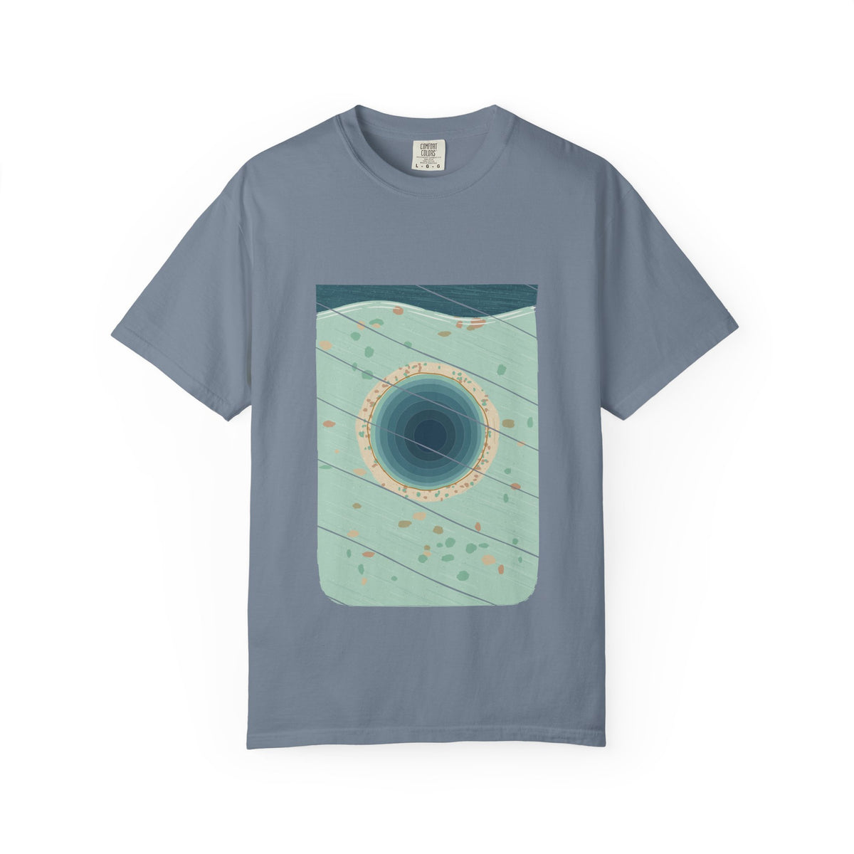 The Great Blue Hole graphic tee in Blue Jean, original art by AuraCanvas