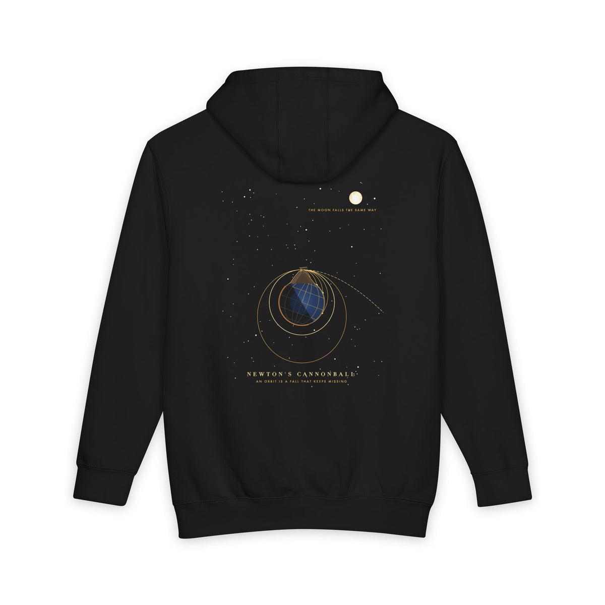 Newton's Cannonball heavyweight hoodie in Black, original art by AuraCanvas