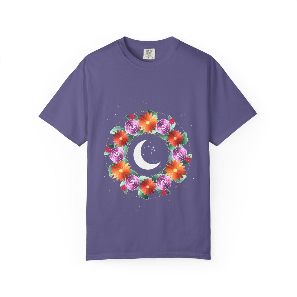 Night Wreath graphic tee in Grape, original art by AuraCanvas