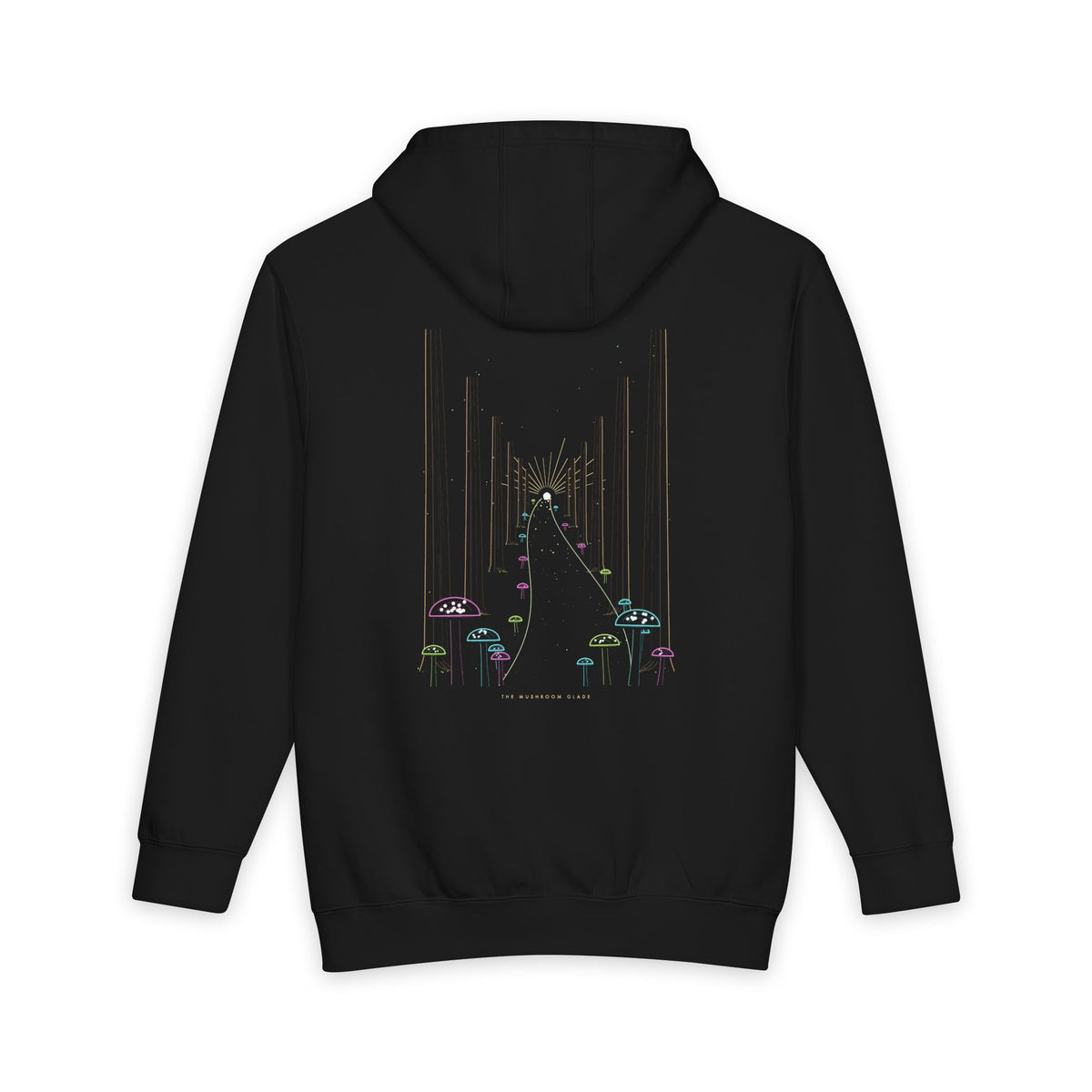 The Mushroom Glade heavyweight hoodie in Black, original art by AuraCanvas