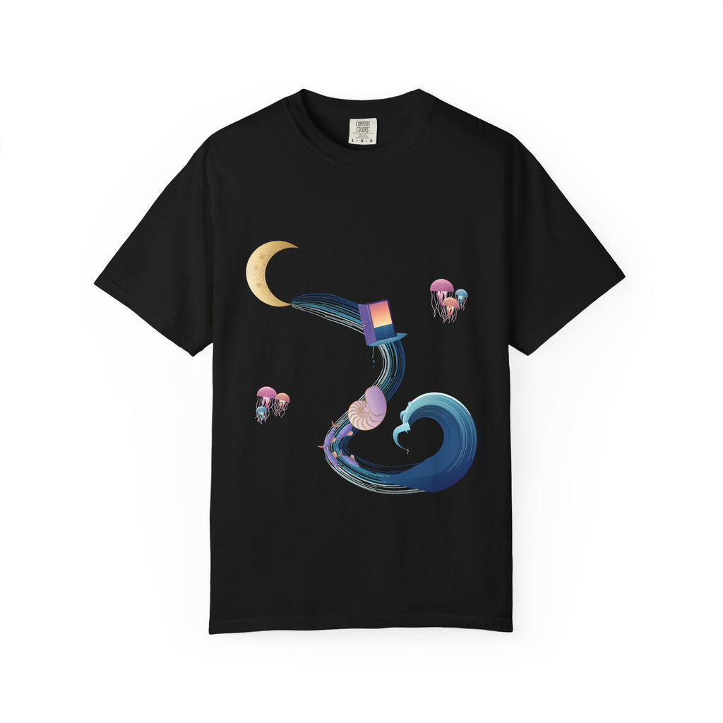 Dream Tide graphic tee in Black, original art by AuraCanvas