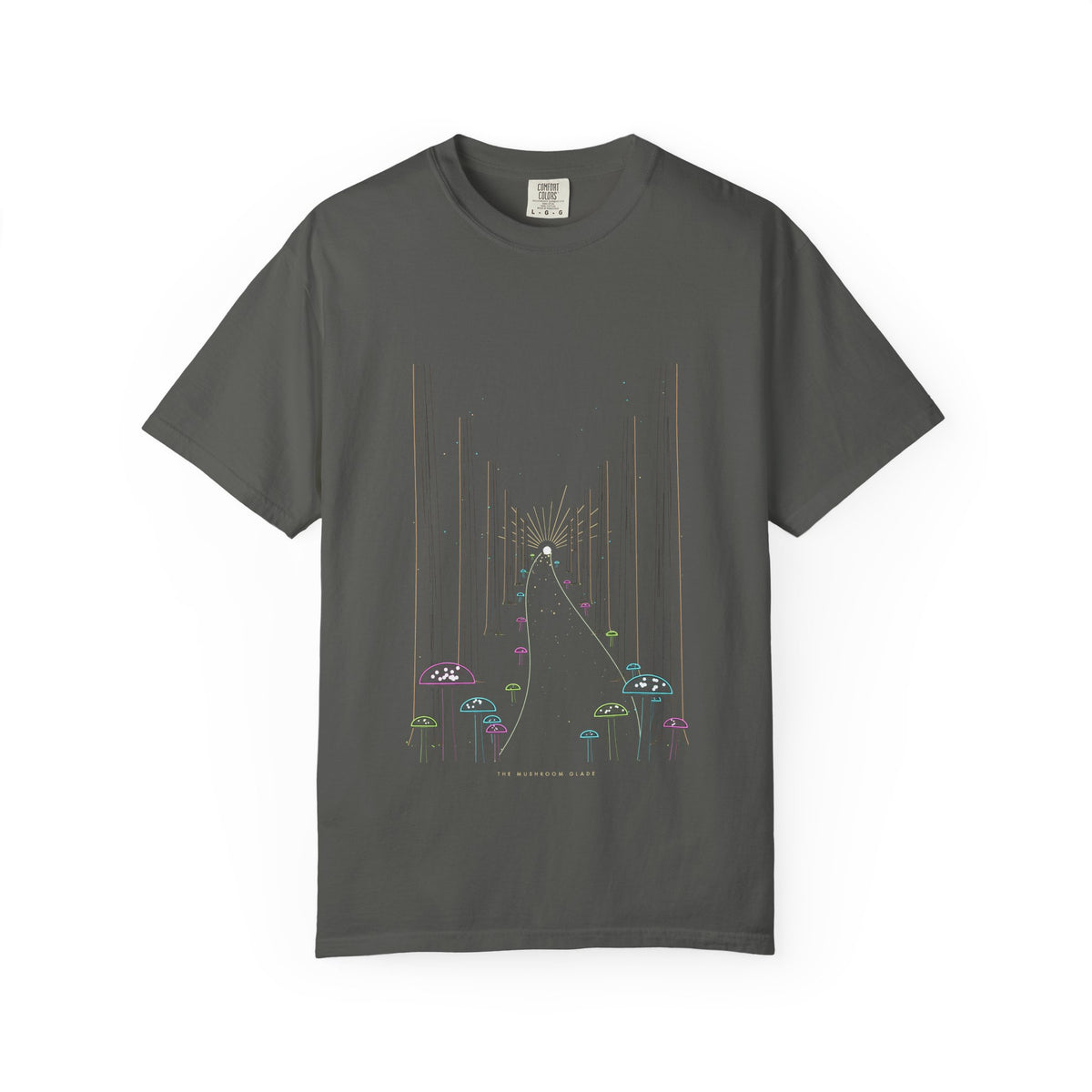 The Mushroom Glade graphic tee in Pepper, original art by AuraCanvas