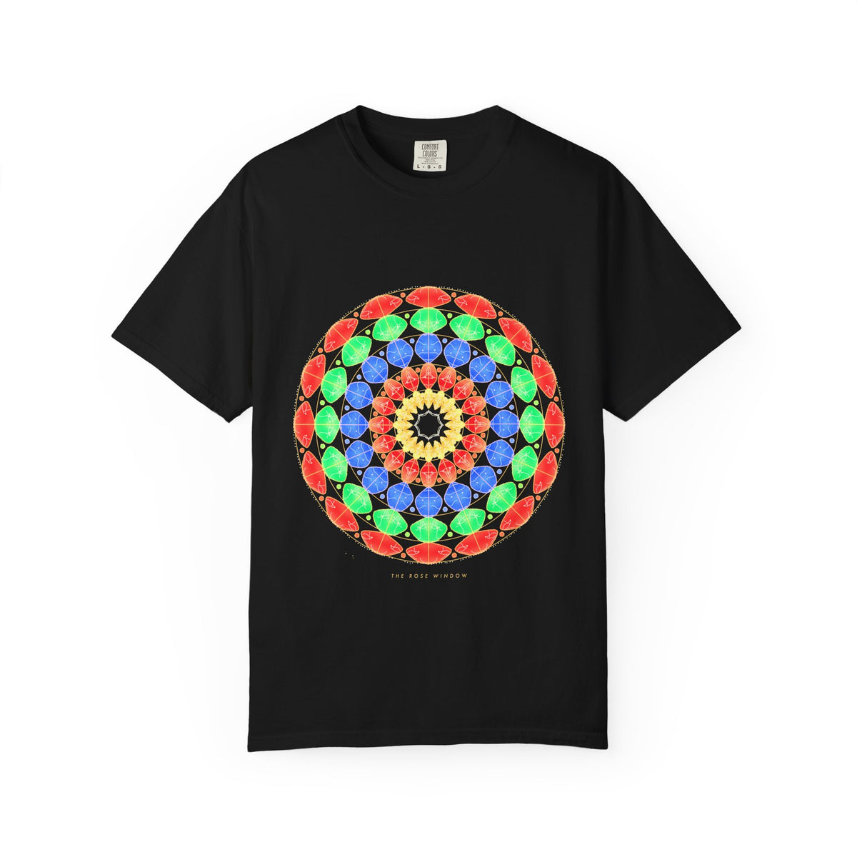 The Rose Window graphic tee in Black, original art by AuraCanvas
