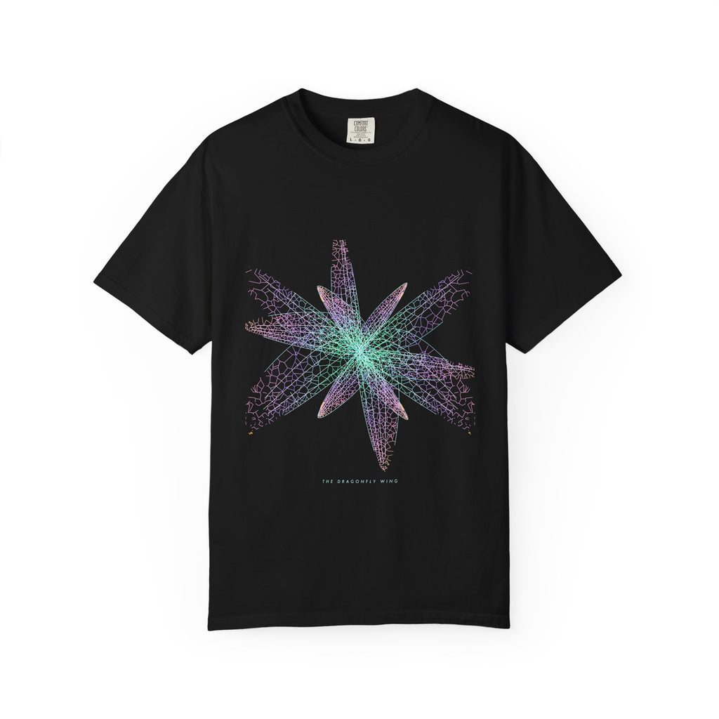 The Dragonfly Wing graphic tee in Black, original art by AuraCanvas