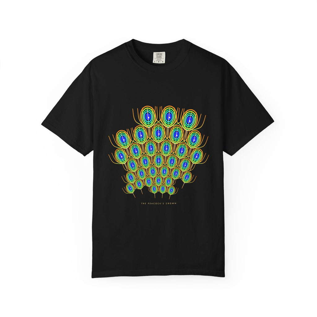 The Peacock's Crown graphic tee in Black, original art by AuraCanvas