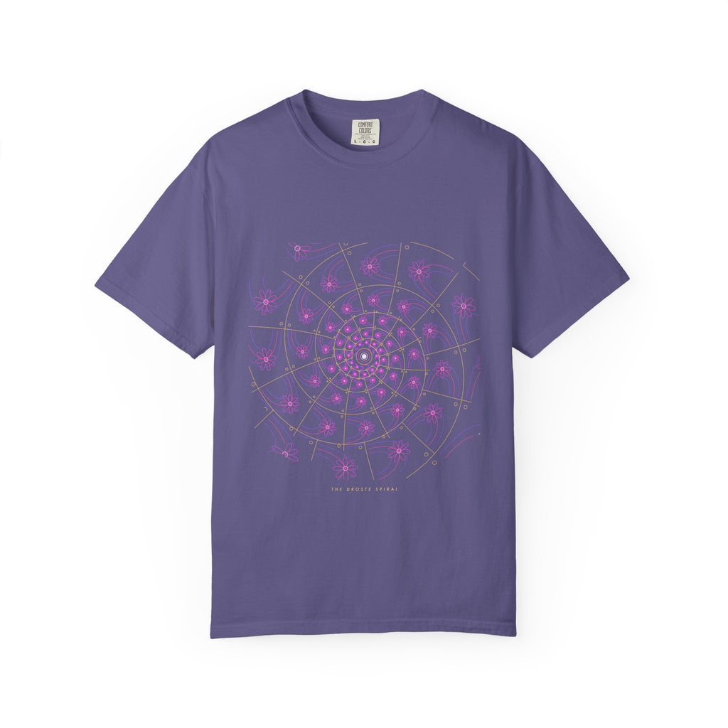 The Droste Spiral graphic tee in Grape, original art by AuraCanvas