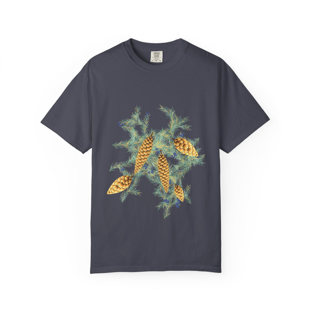 Gilded Evergreen graphic tee in Navy, original art by AuraCanvas