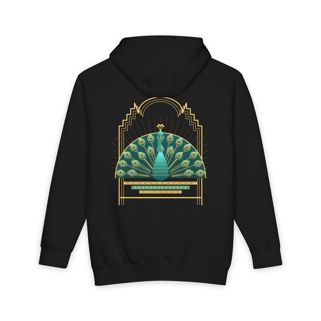 Deco Peacock heavyweight hoodie in Black, original art by AuraCanvas