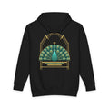 Deco Peacock heavyweight hoodie in Black, original art by AuraCanvas