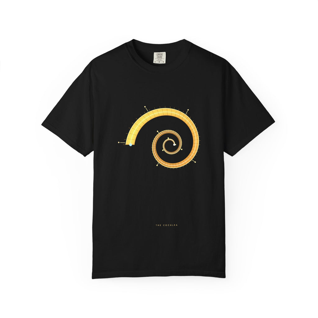 The Cochlea graphic tee in Black, original art by AuraCanvas