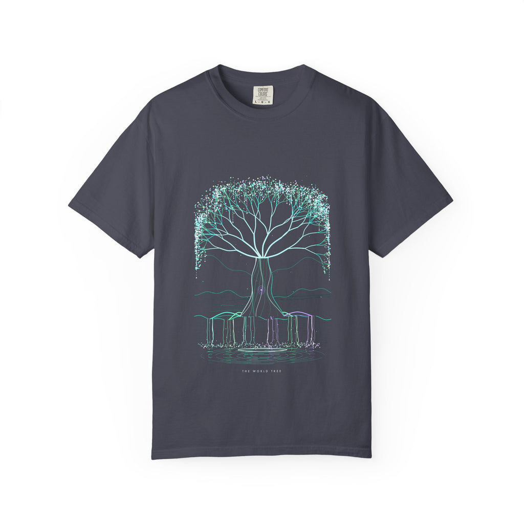 The World Tree graphic tee in Navy, original art by AuraCanvas