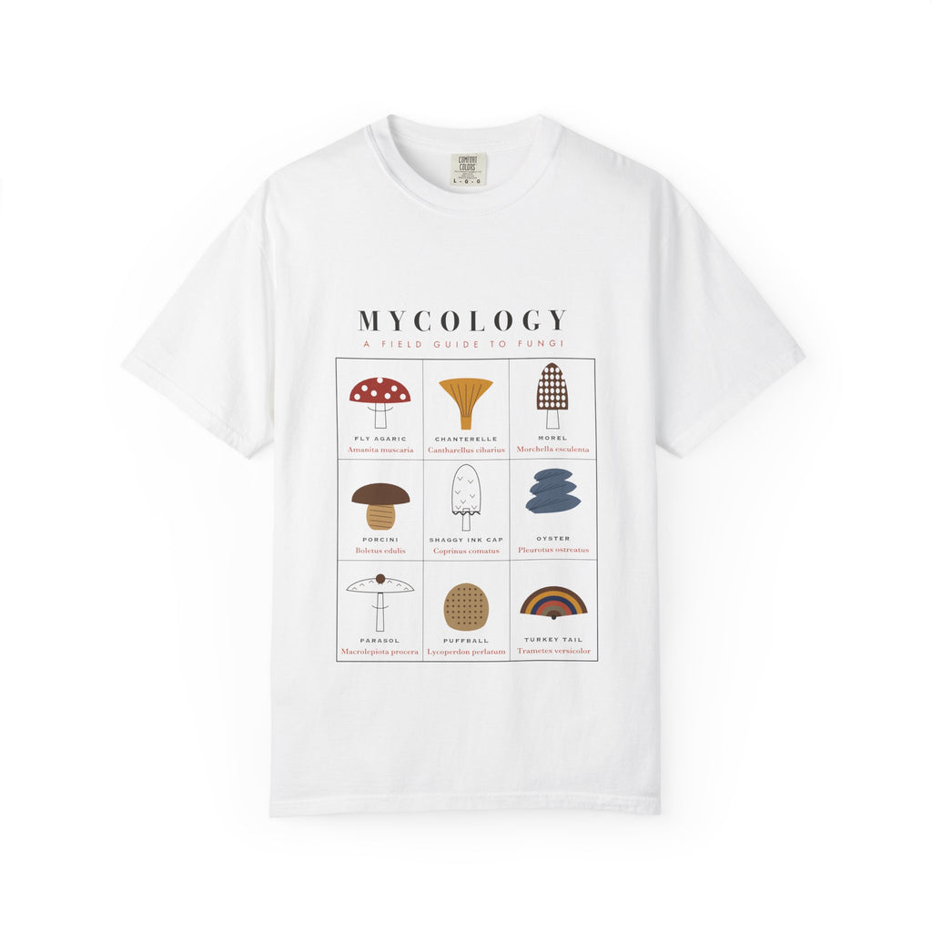 Mushroom Field Guide graphic tee in White, original art by AuraCanvas