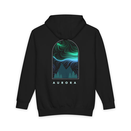 Aurora heavyweight hoodie in Black, original art by AuraCanvas