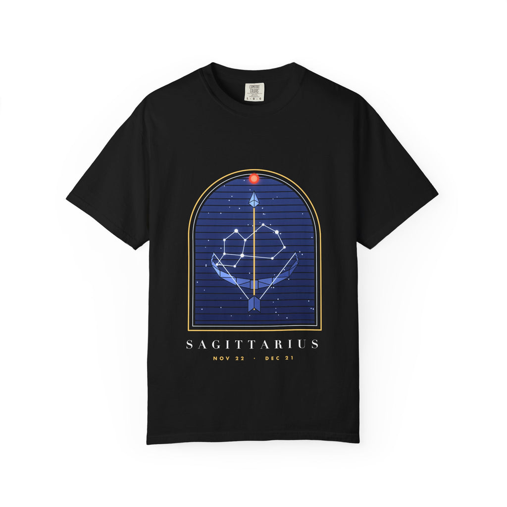 Sagittarius graphic tee in Black, original art by AuraCanvas