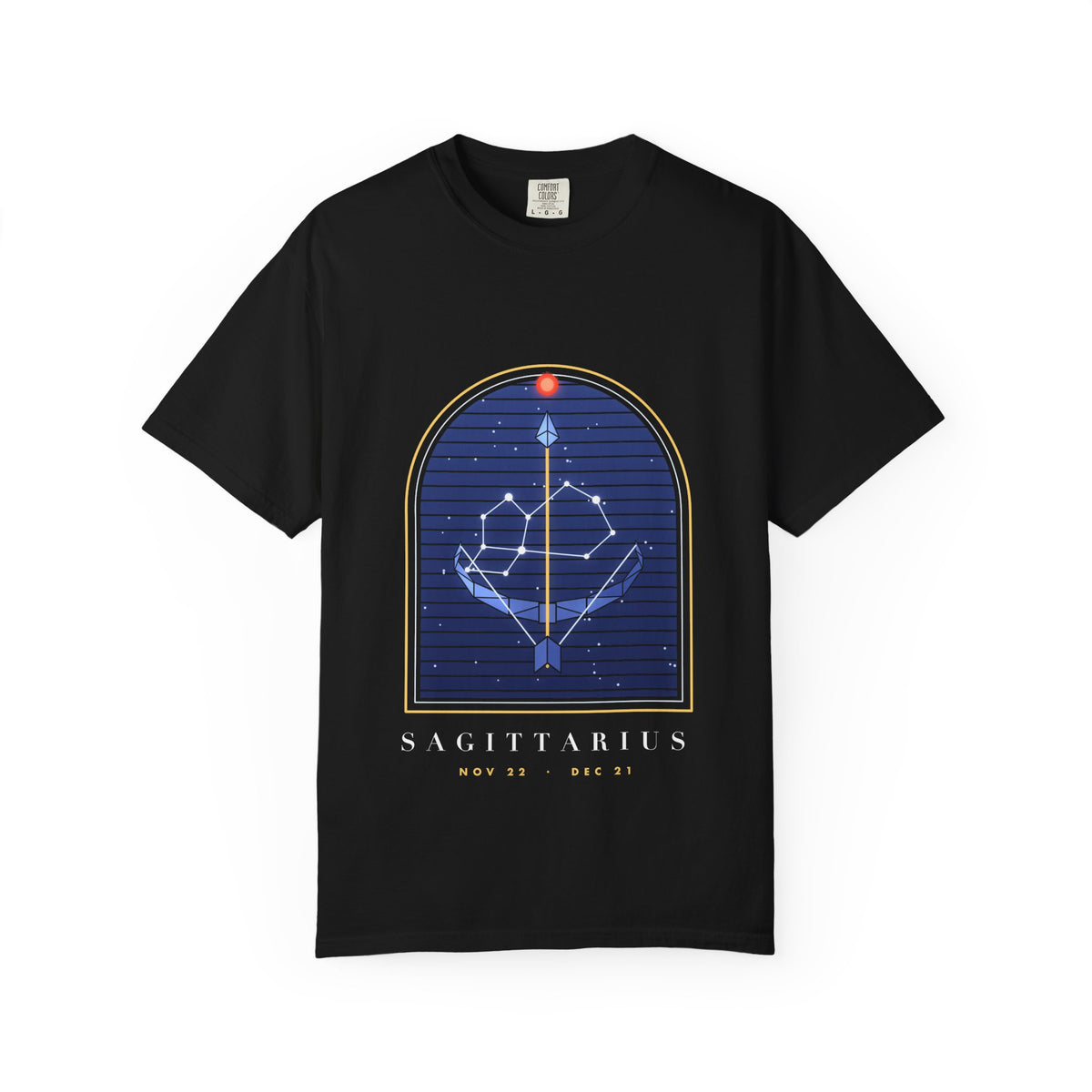 Sagittarius graphic tee in Black, original art by AuraCanvas