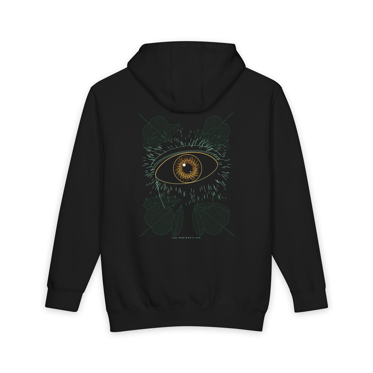 The Panther's Eye heavyweight hoodie in Black, original art by AuraCanvas
