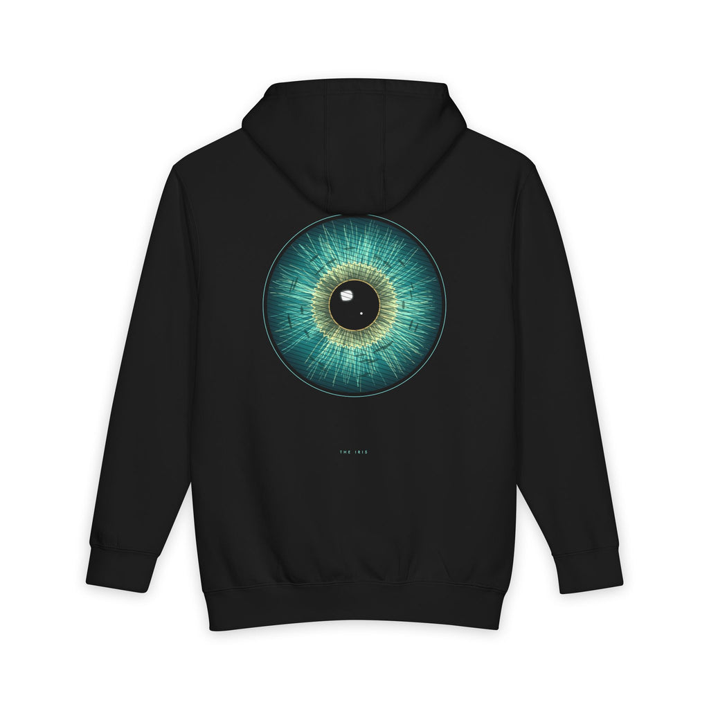 The Iris heavyweight hoodie in Black, original art by AuraCanvas