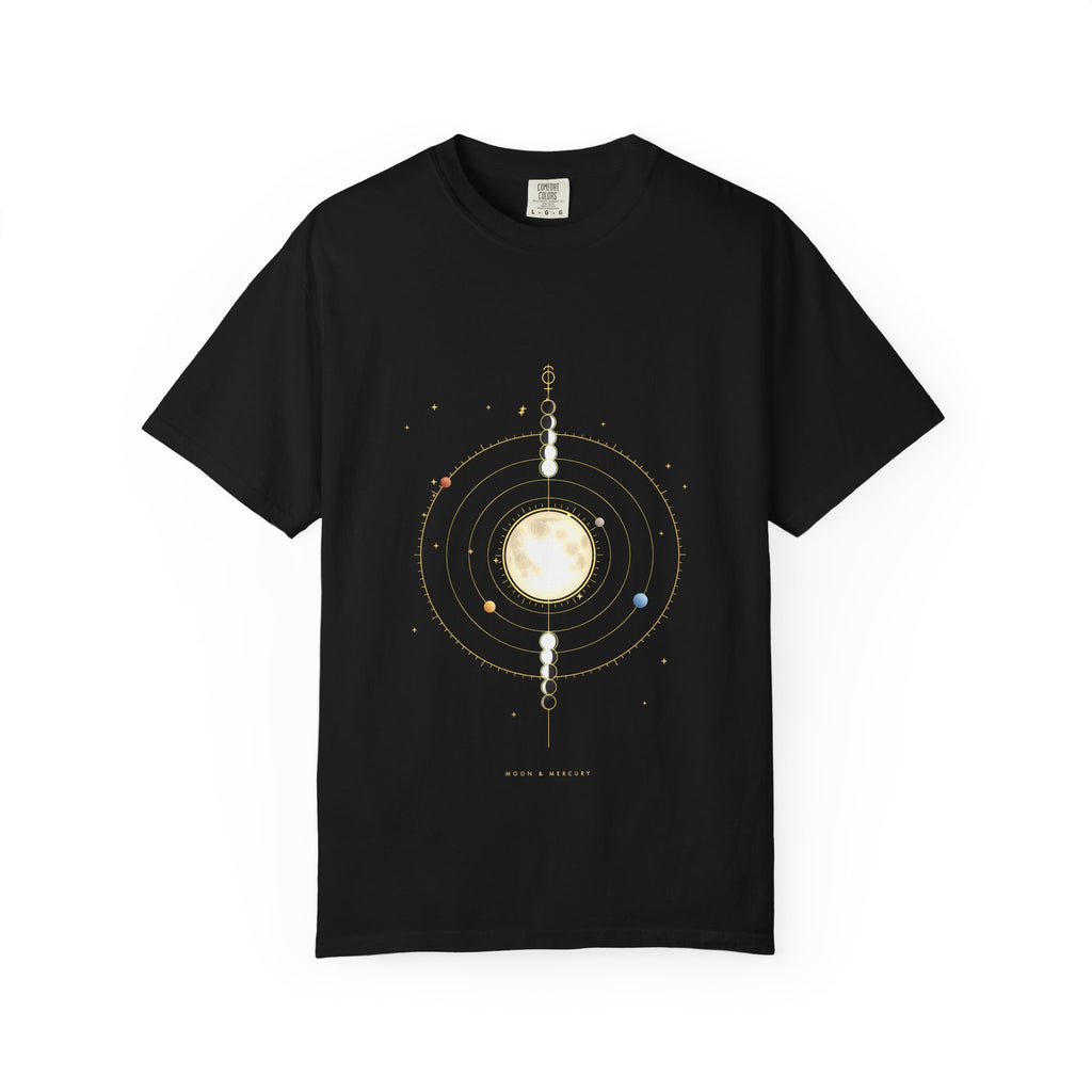 Moon & Mercury graphic tee in Black, original art by AuraCanvas