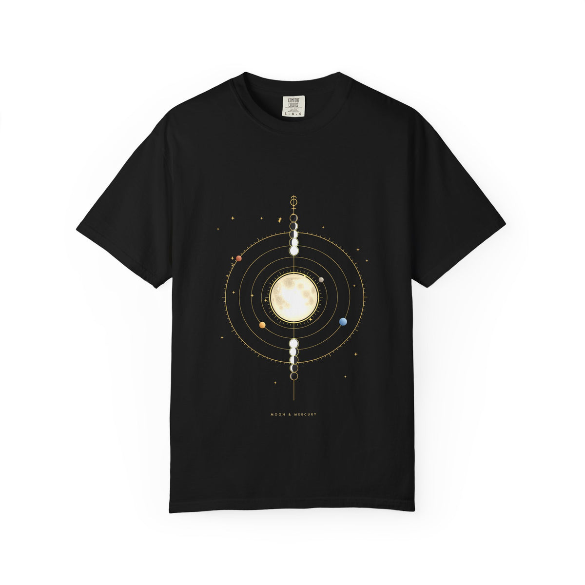 Moon & Mercury graphic tee in Black, original art by AuraCanvas