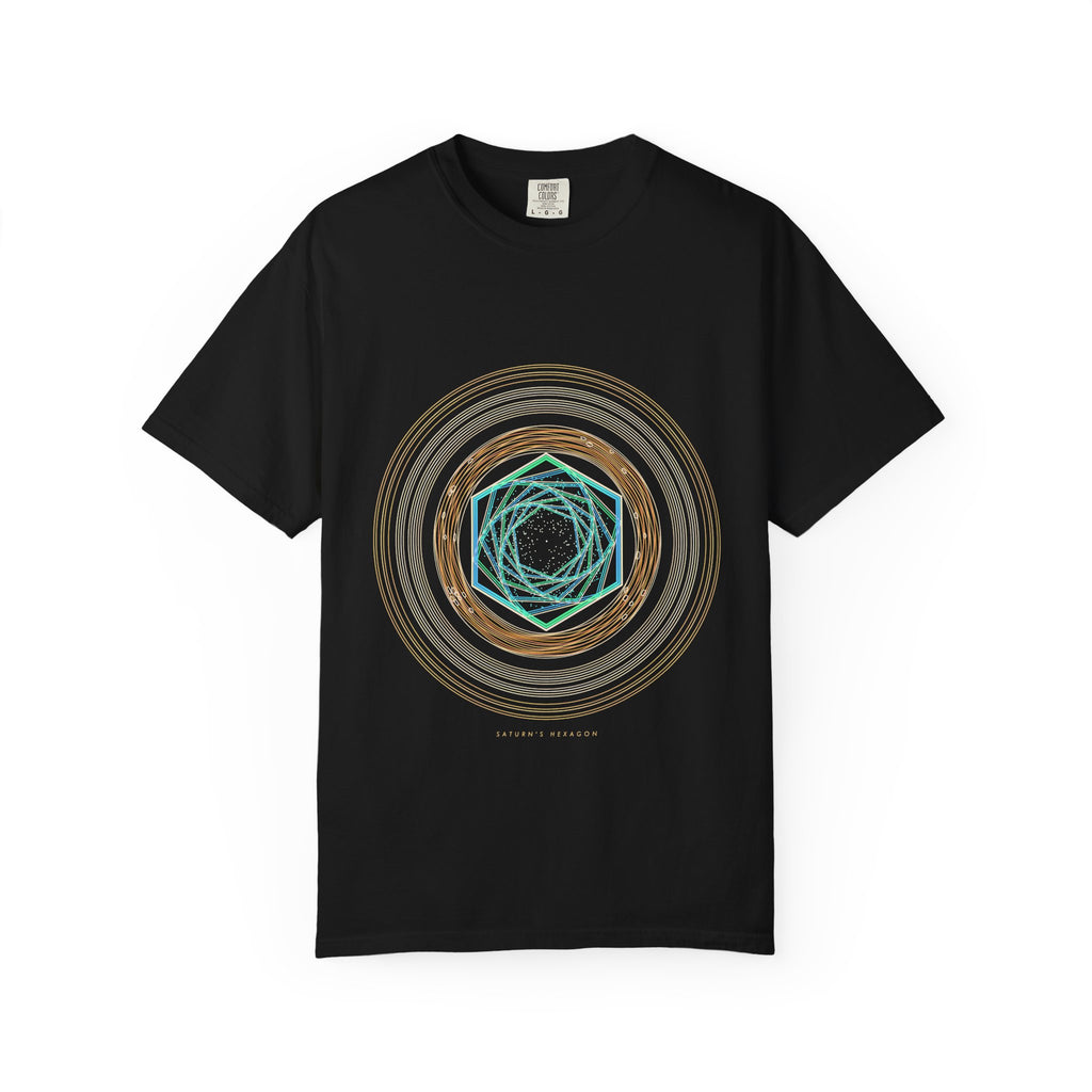 Saturn's Hexagon graphic tee in Black, original art by AuraCanvas