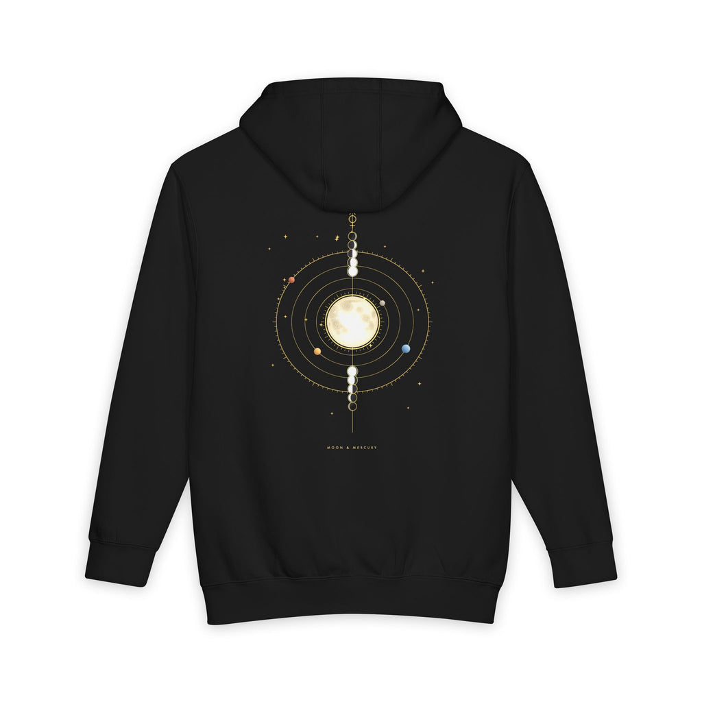 Moon & Mercury heavyweight hoodie in Black, original art by AuraCanvas