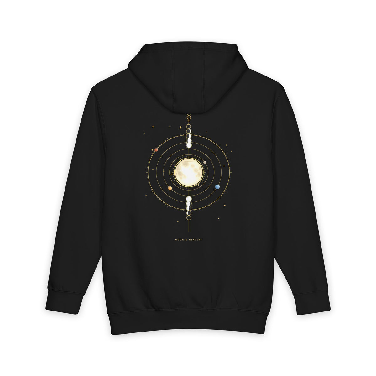 Moon & Mercury heavyweight hoodie in Black, original art by AuraCanvas