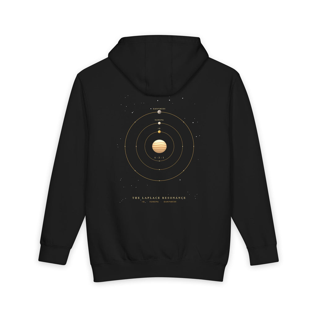 The Laplace Resonance heavyweight hoodie in Black, original art by AuraCanvas