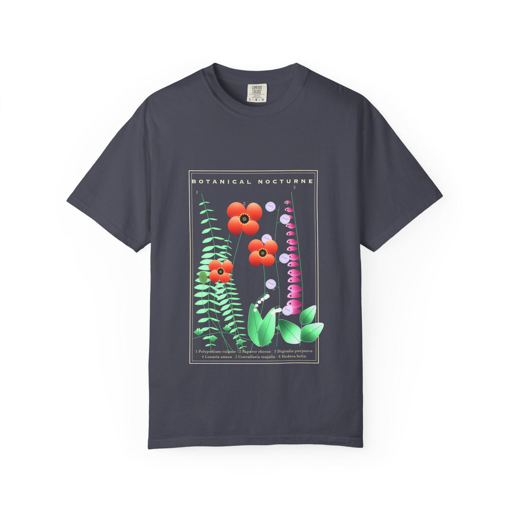 Botanical Nocturne graphic tee in Navy, original art by AuraCanvas