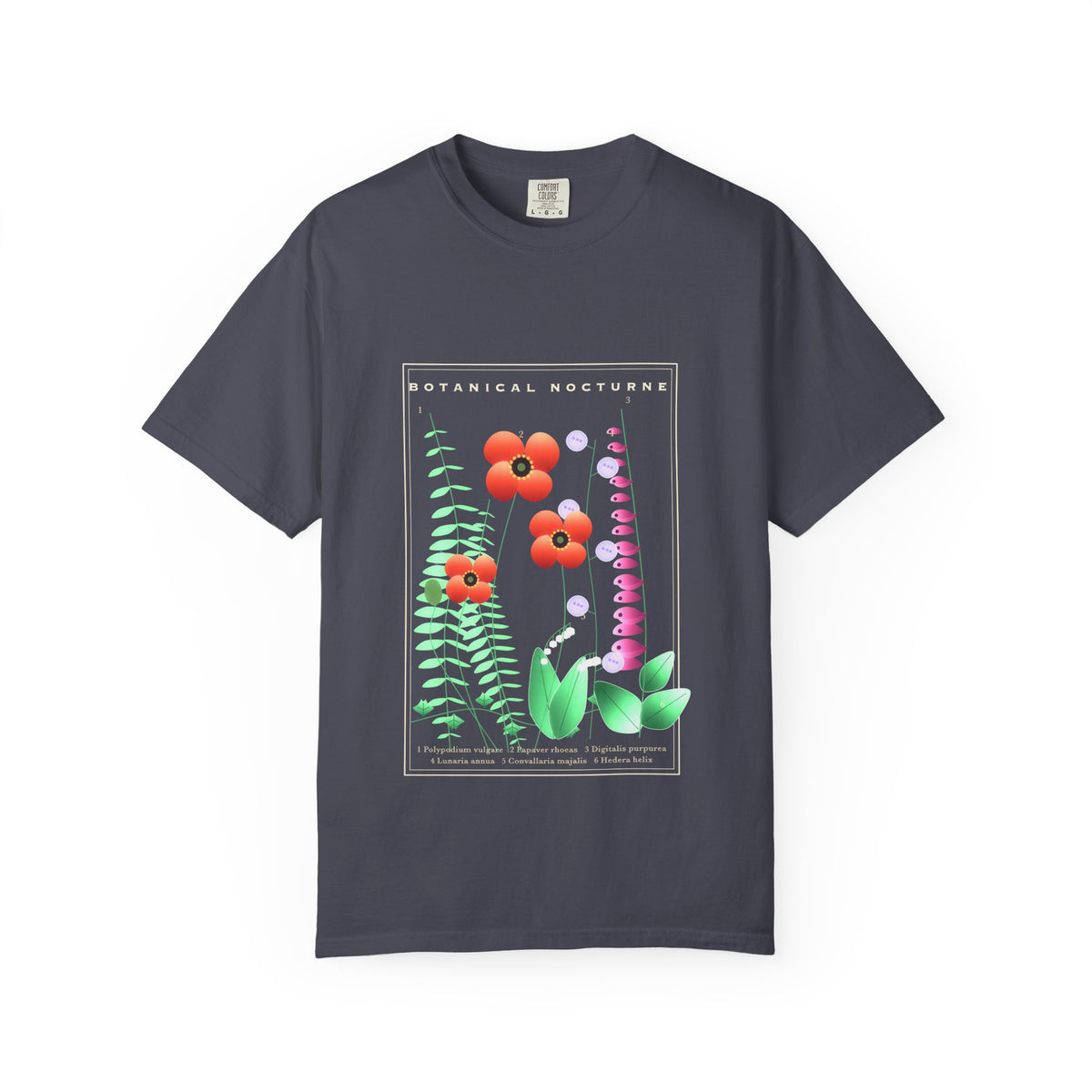 Botanical Nocturne graphic tee in Navy, original art by AuraCanvas