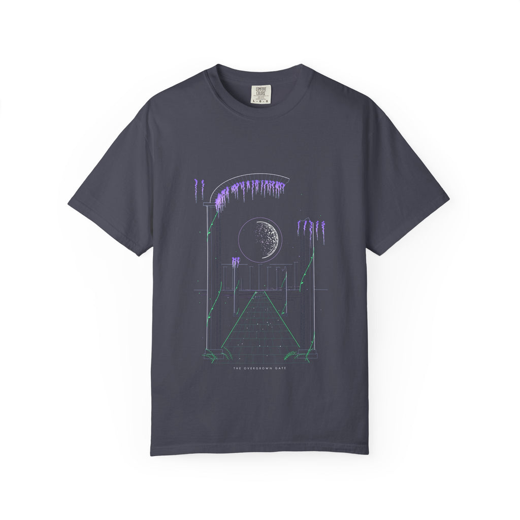 The Overgrown Gate graphic tee in Navy, original art by AuraCanvas