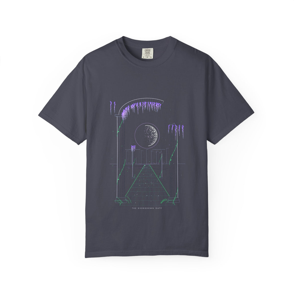 The Overgrown Gate graphic tee in Navy, original art by AuraCanvas