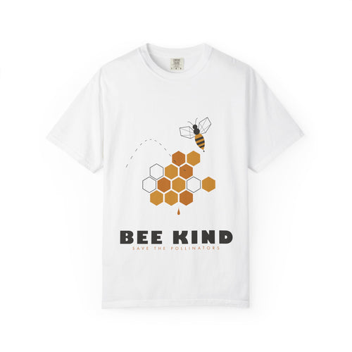 Bee Kind graphic tee in White, original art by AuraCanvas