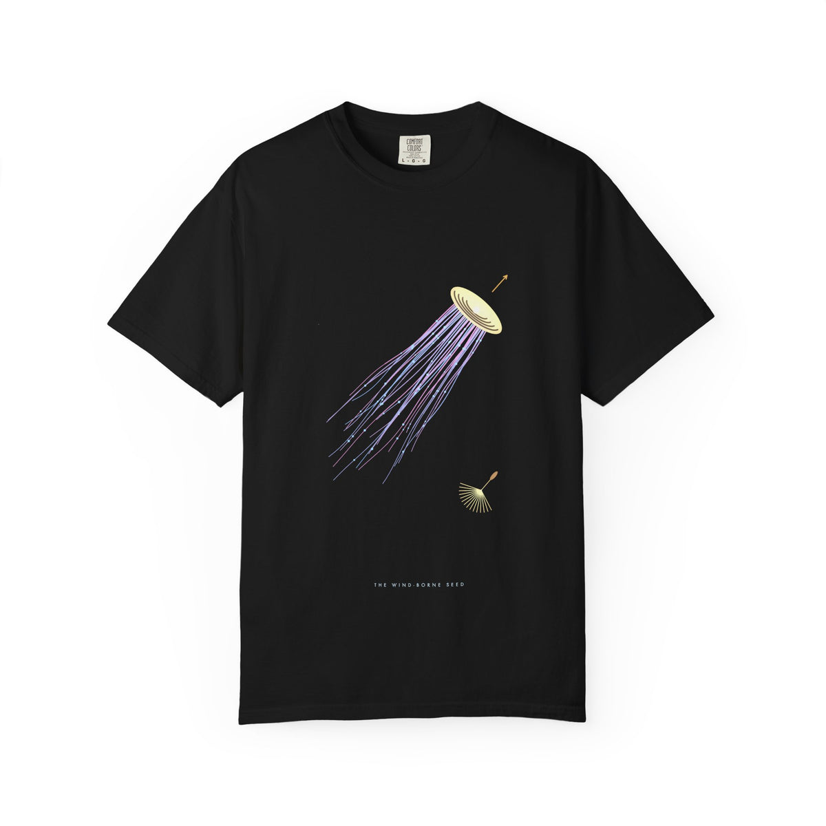 The Wind-Borne Seed graphic tee in Black, original art by AuraCanvas
