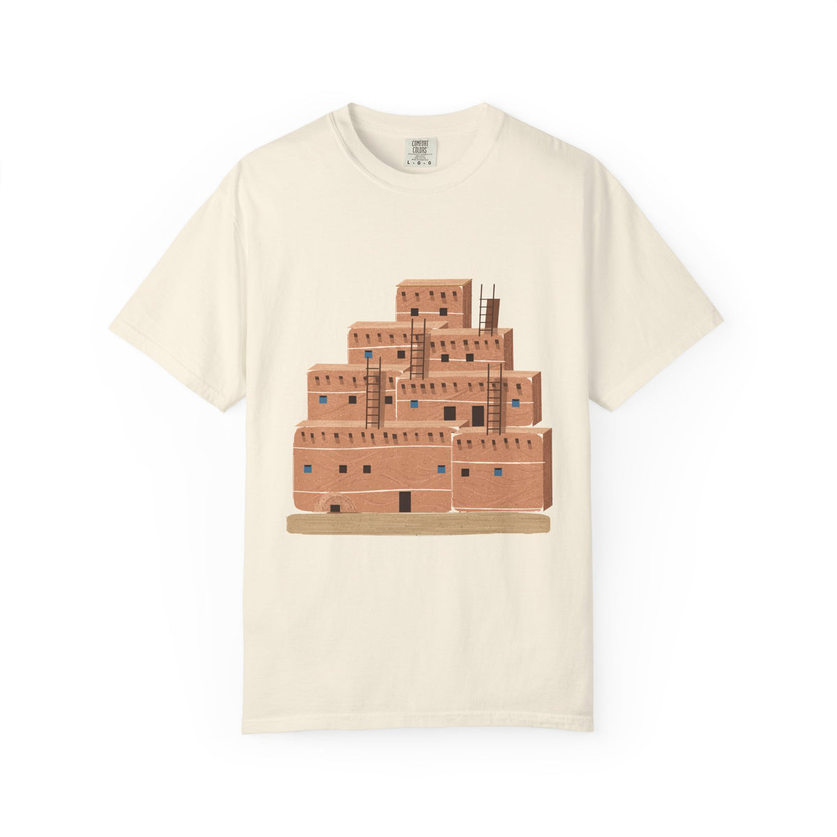 Pueblo graphic tee in Ivory, original art by AuraCanvas