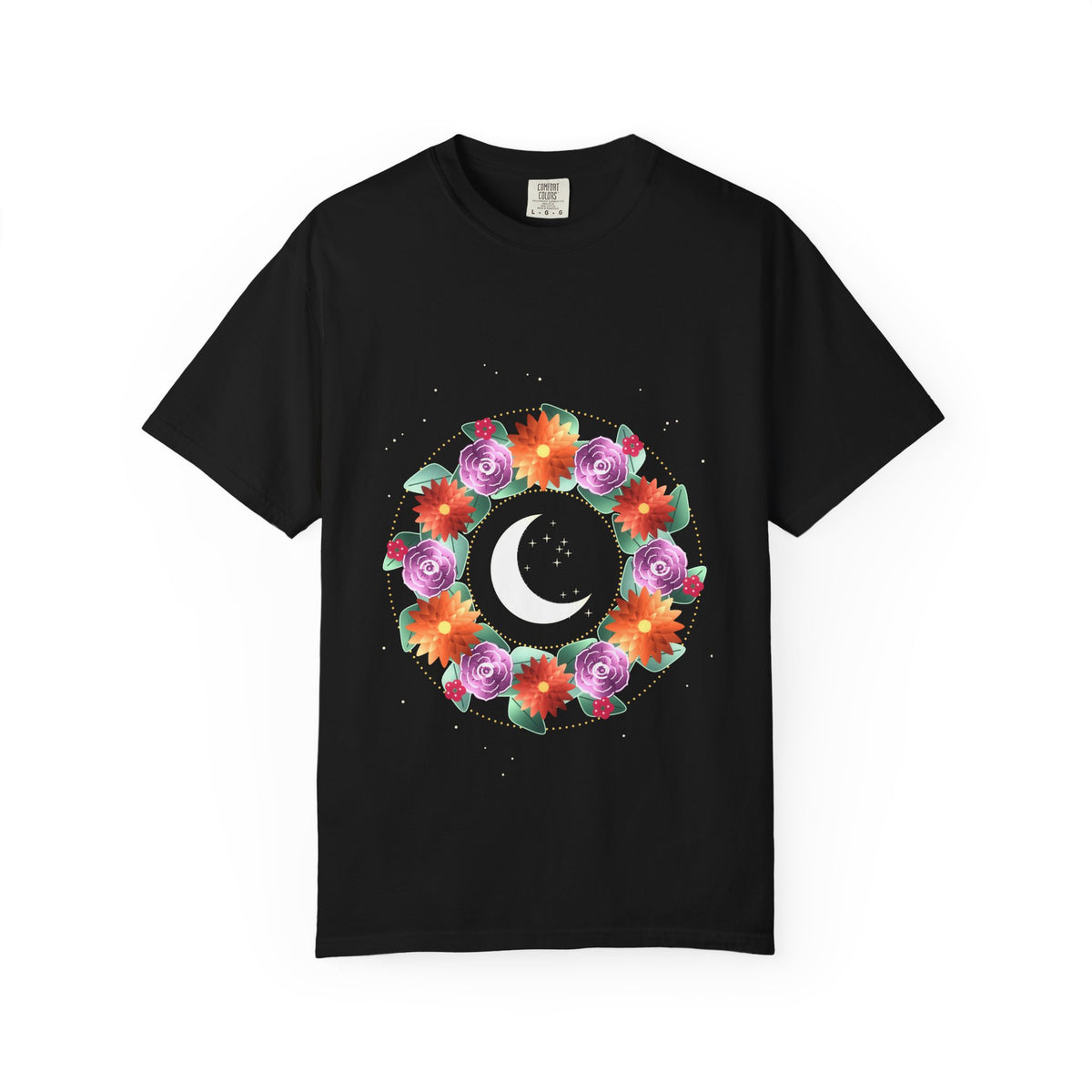 Night Wreath graphic tee in Black, original art by AuraCanvas