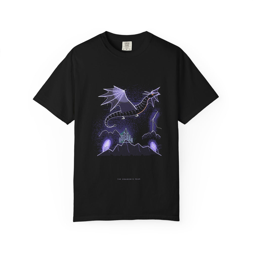 The Dragon's Peak graphic tee in Black, original art by AuraCanvas