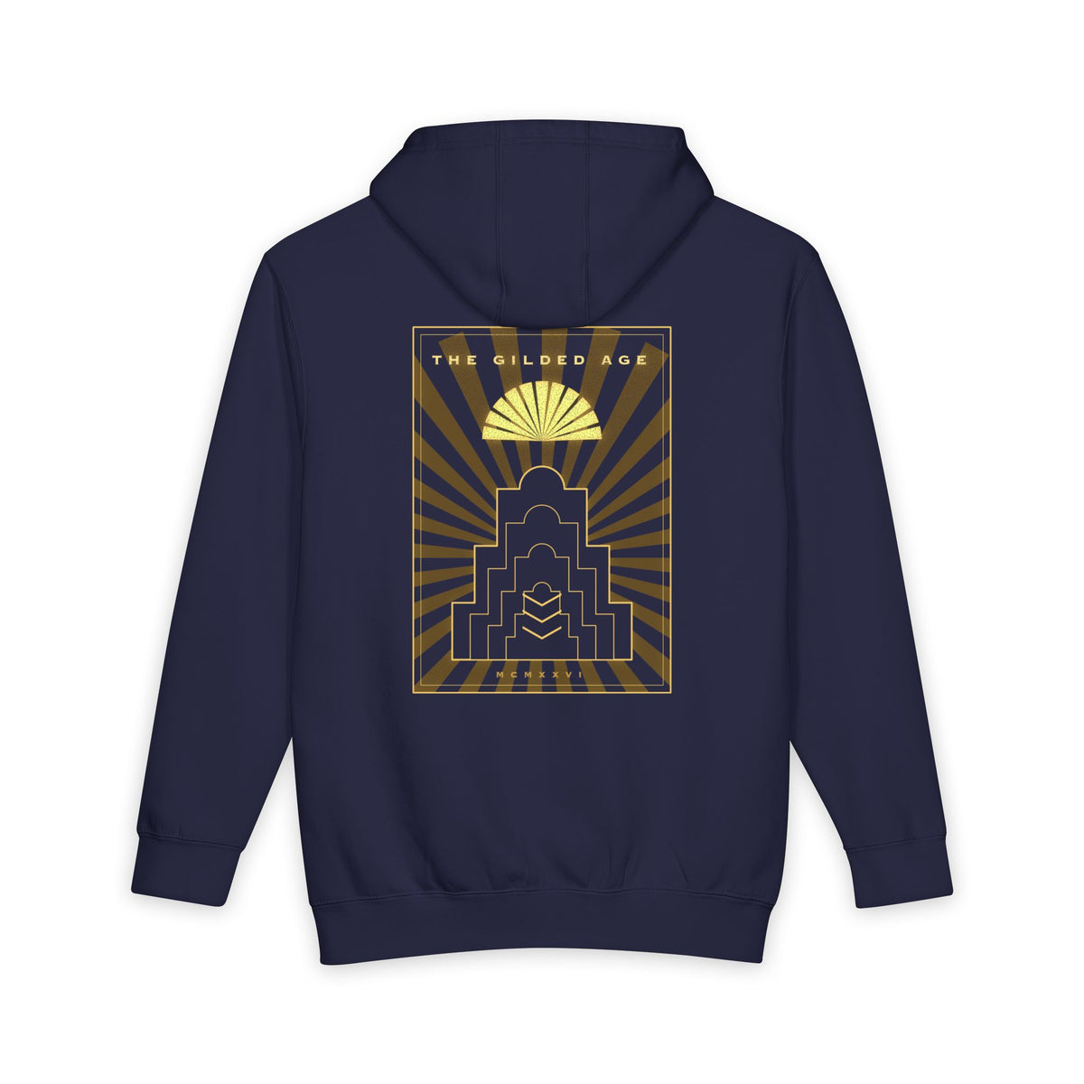 Gilded Age heavyweight hoodie in Navy Blue, original art by AuraCanvas