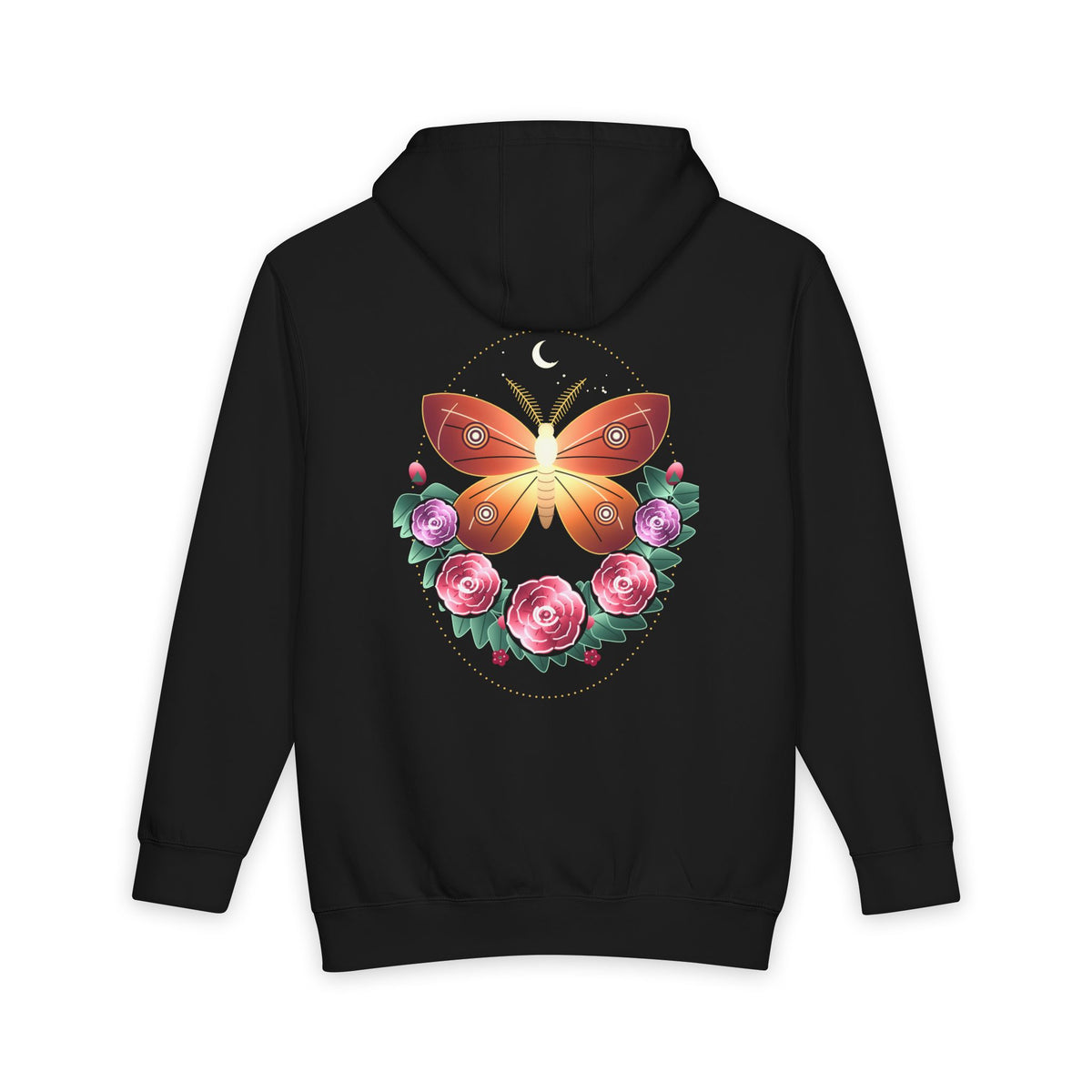 Moth and Rose heavyweight hoodie in Black, original art by AuraCanvas