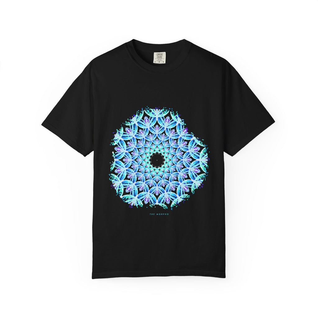 The Morpho graphic tee in Black, original art by AuraCanvas