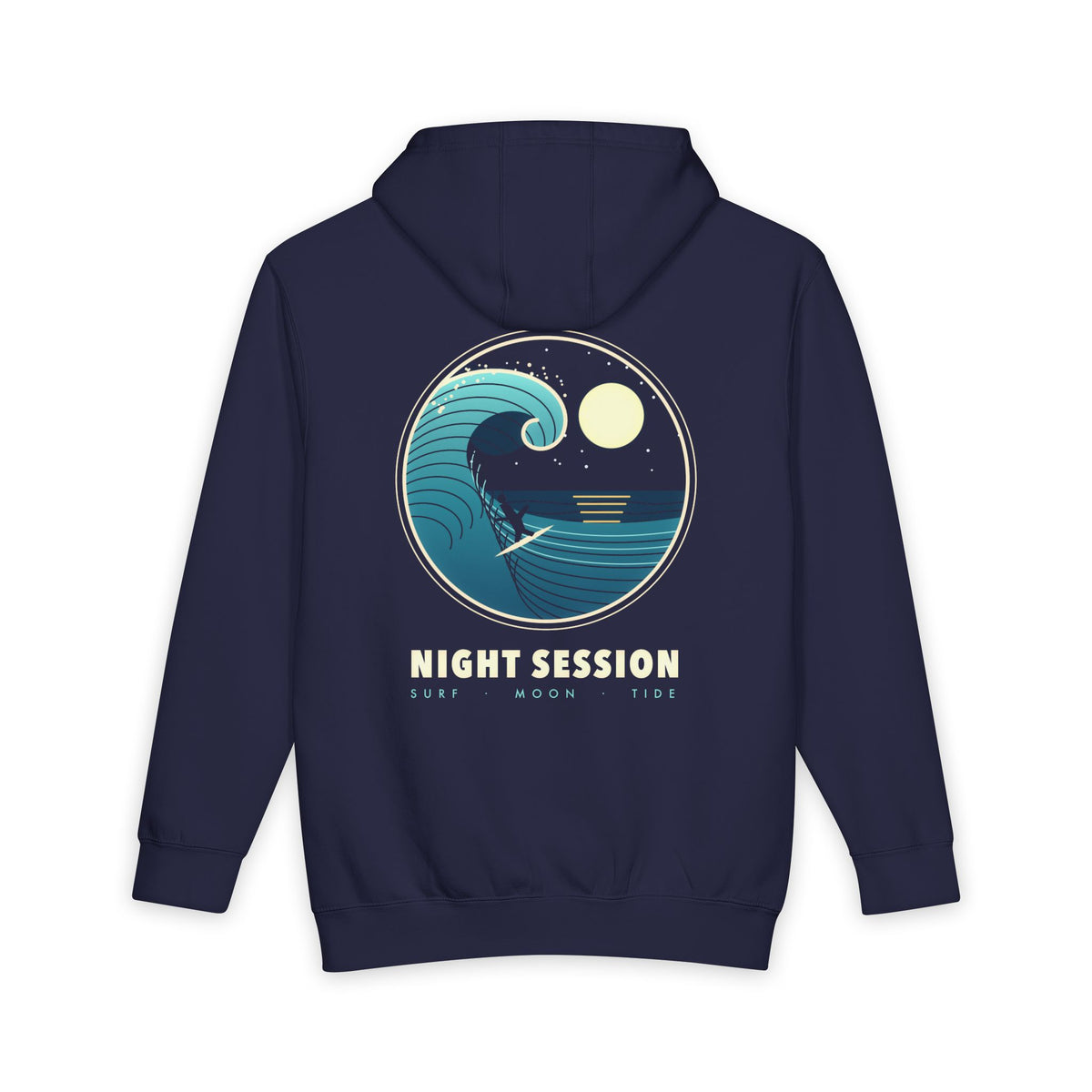 Night Session heavyweight hoodie in Navy Blue, original art by AuraCanvas