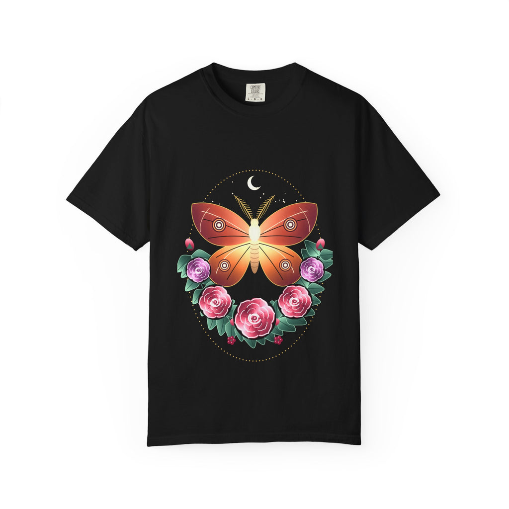 Moth and Rose graphic tee in Black, original art by AuraCanvas