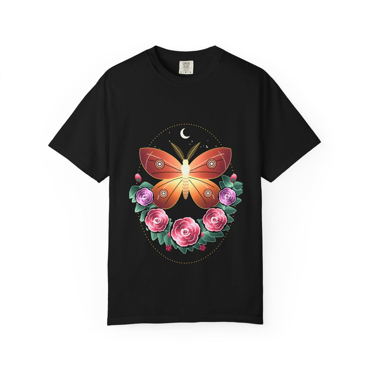 Moth and Rose graphic tee in Black, original art by AuraCanvas