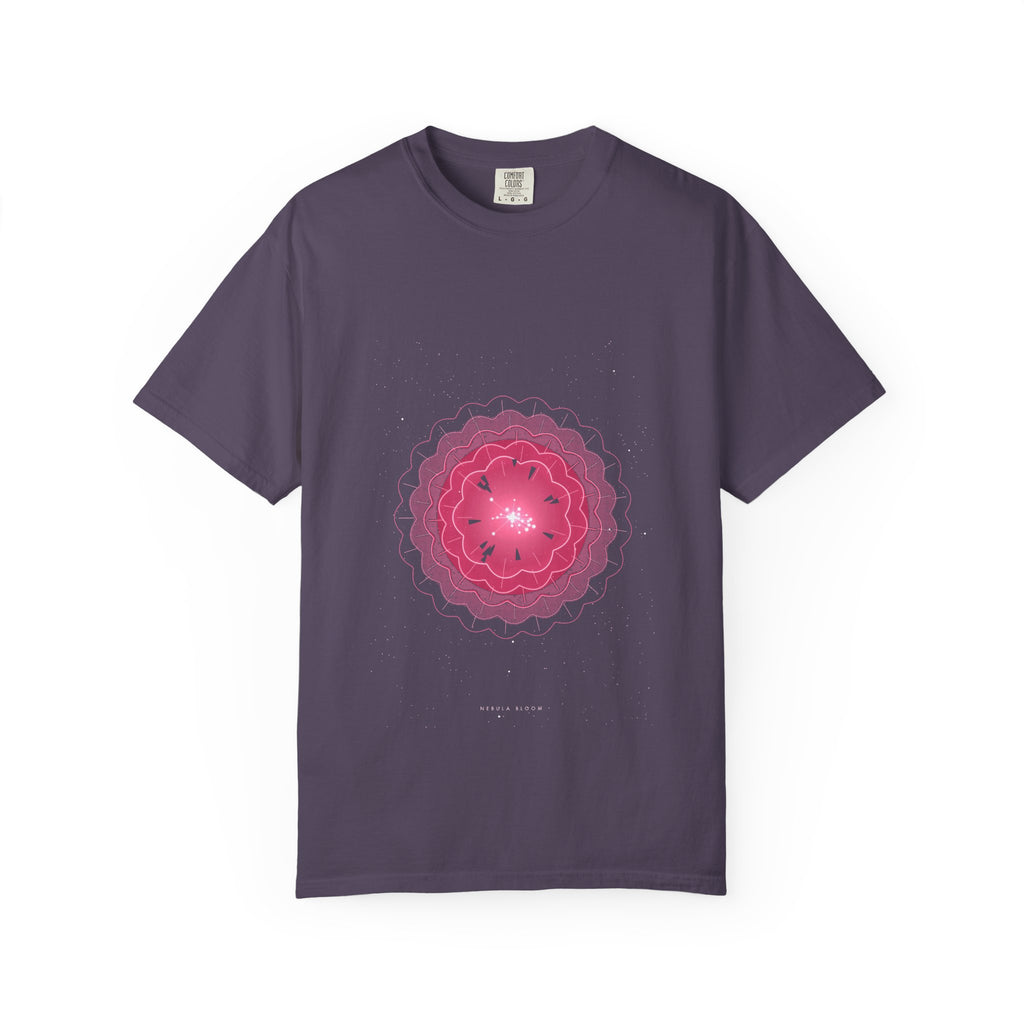 Nebula Bloom graphic tee in Wine, original art by AuraCanvas