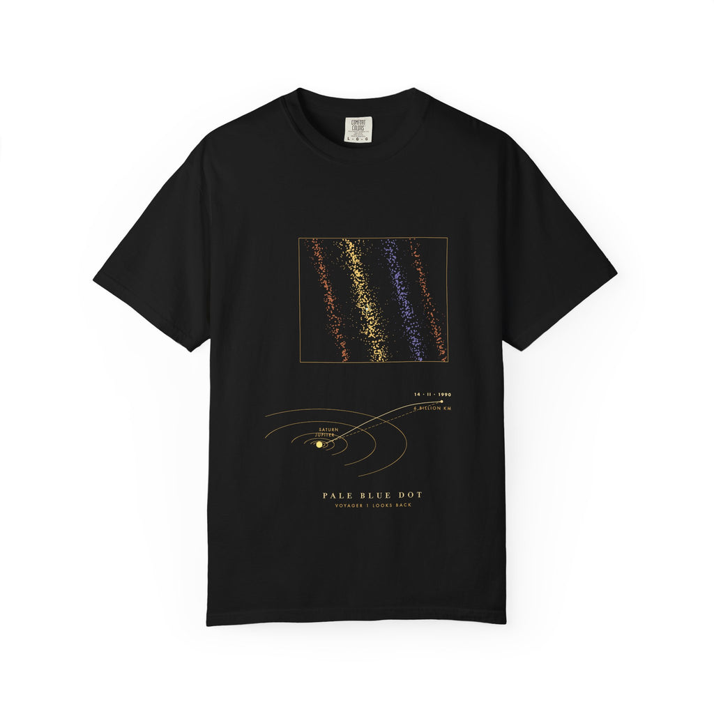 Pale Blue Dot graphic tee in Black, original art by AuraCanvas