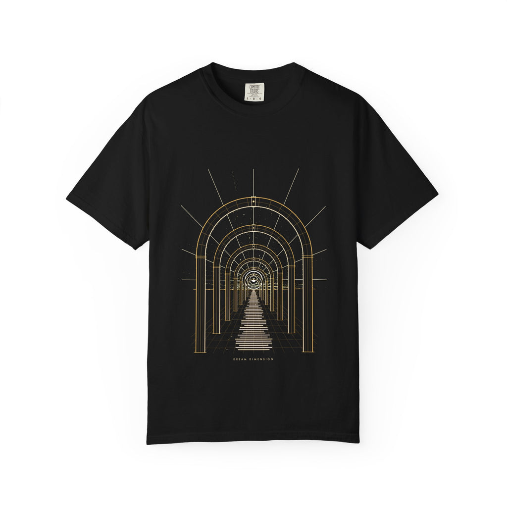 Dream Dimension graphic tee in Black, original art by AuraCanvas